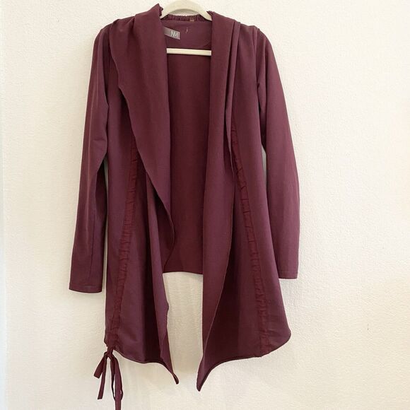 NM Neiman Marcus Drape Front Cardigan‎ Burgundy Maroon Cotton Blend Small - Picture 7 of 9